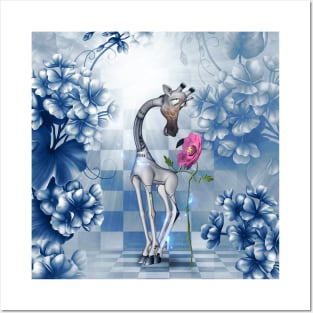 Funny giraffe with flowers Posters and Art